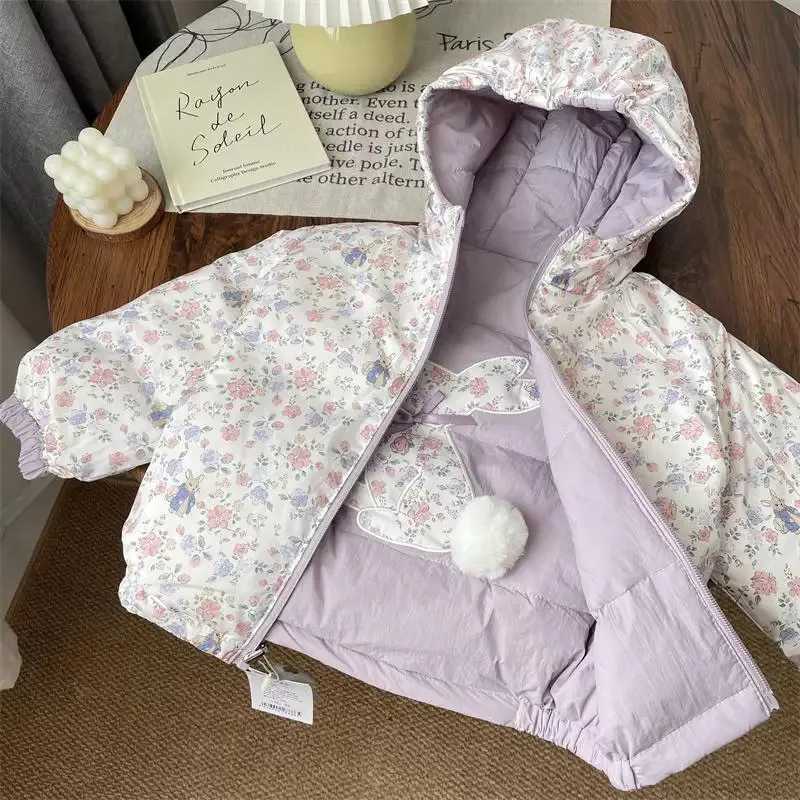 Children Two Sides Wear Down Jacket 2025 Winter Baby Girls Sweet Floral Rabbit Print Thickened CottonPadded Warm Hooded Parkas Y251023