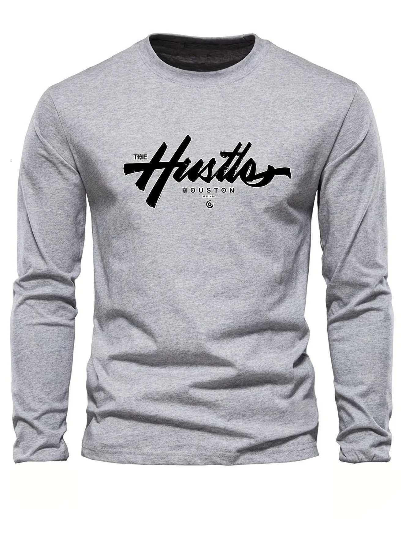 2025 Mens Spring and Autumn 100 Cotton Comfortable Casual Houston Letter Pattern Printed Round Neck Long Sleeve Tshirt TopXJ251023