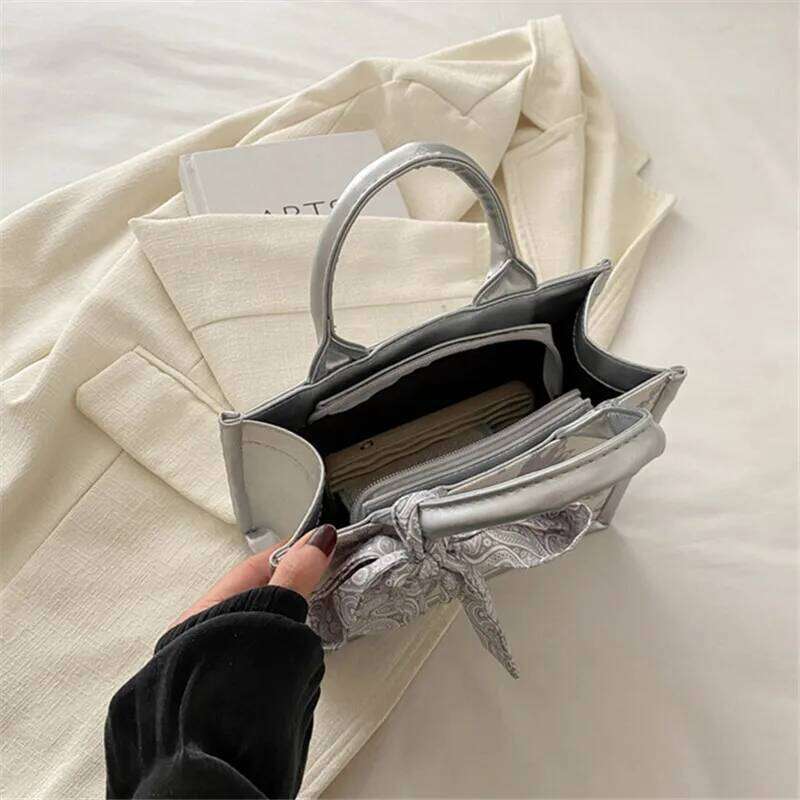 Chic Embroidered Letter Handbag Women Casual Fashionable Versatile Silk Scarf Bow Handbags Shoulder Bag. Everyday Tote Bag Purse