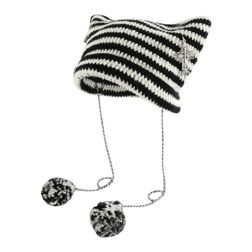 Y2K Beanie Hat Cute Striped Star Devil Hat Devil Ear Cat Ear Hat Knitted Wool Cap Autumn Winter Womens Hat Ear Pointed PulloverXJ251023