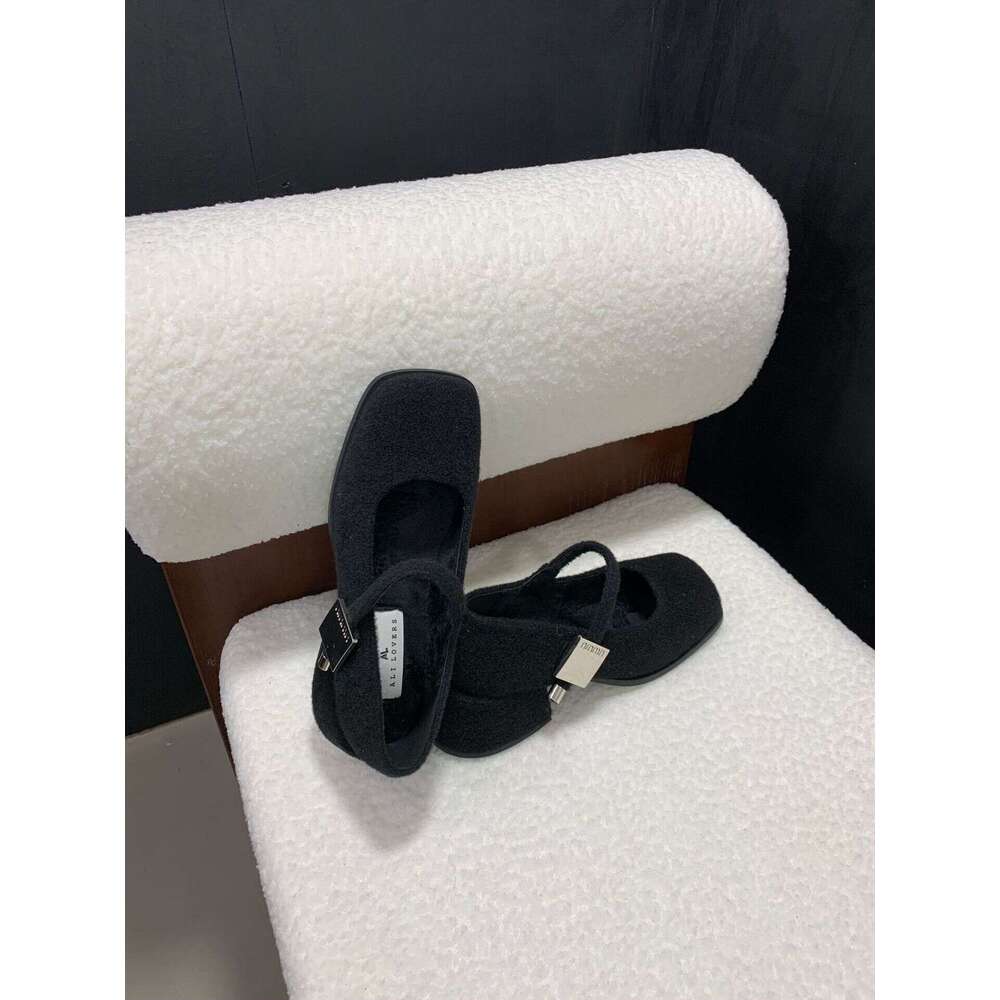 2025 Autumn Winter New Women's Thick Mid-Heel One-Strap Buckle Lamb Wool Square Toe Fleece-Lined Mary Jane Shoes Warm Stylish Designer