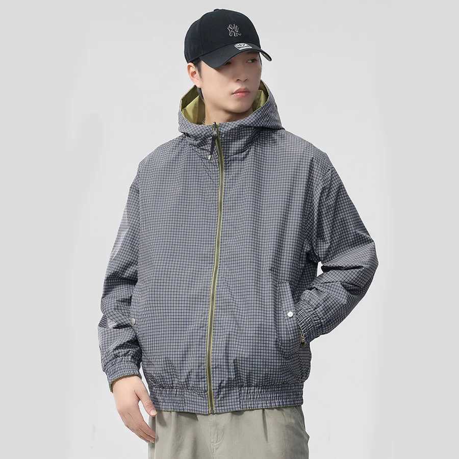 Double Sided Wearable Hooded Jacket Men Streetwear Fashion Business Causal Loose Plaid Cargo Jacket Cityboy Coat Outerwear W251023