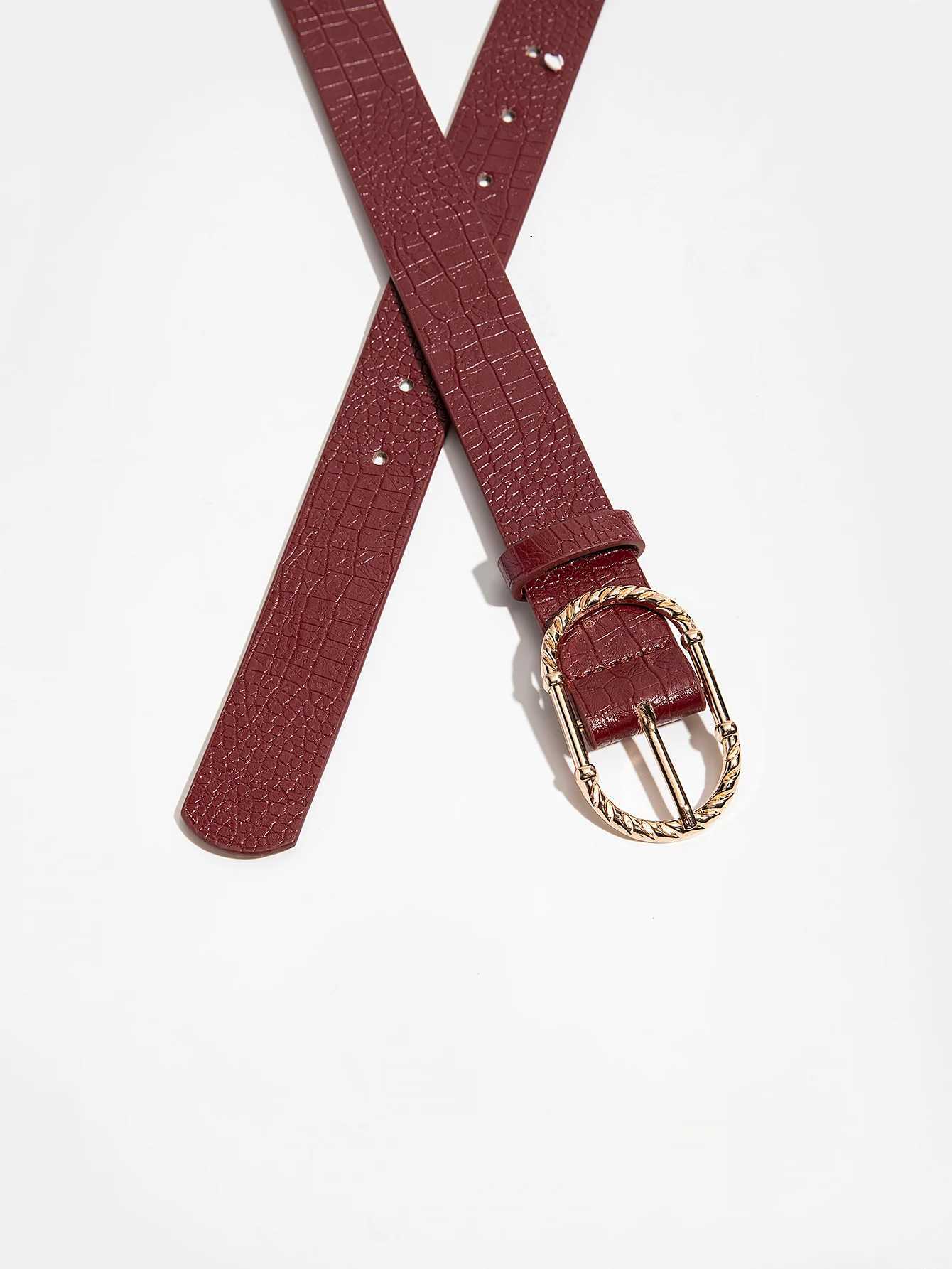 1pc Luxury Retro GoldTone Metal Buckle Burgundy Crocodile Embossed Leather Belt Versatile For Daily WearXJ251023