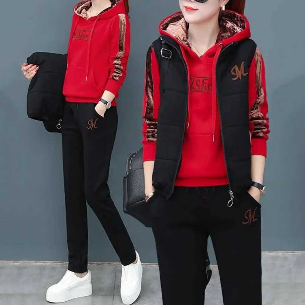 Three Piece Set Women Sweatshirt Set 2024 Autumn Winter Casual Sweat Suit Fashion Plush Thickened Hooded TopsWaistcoat Pants SetT251022