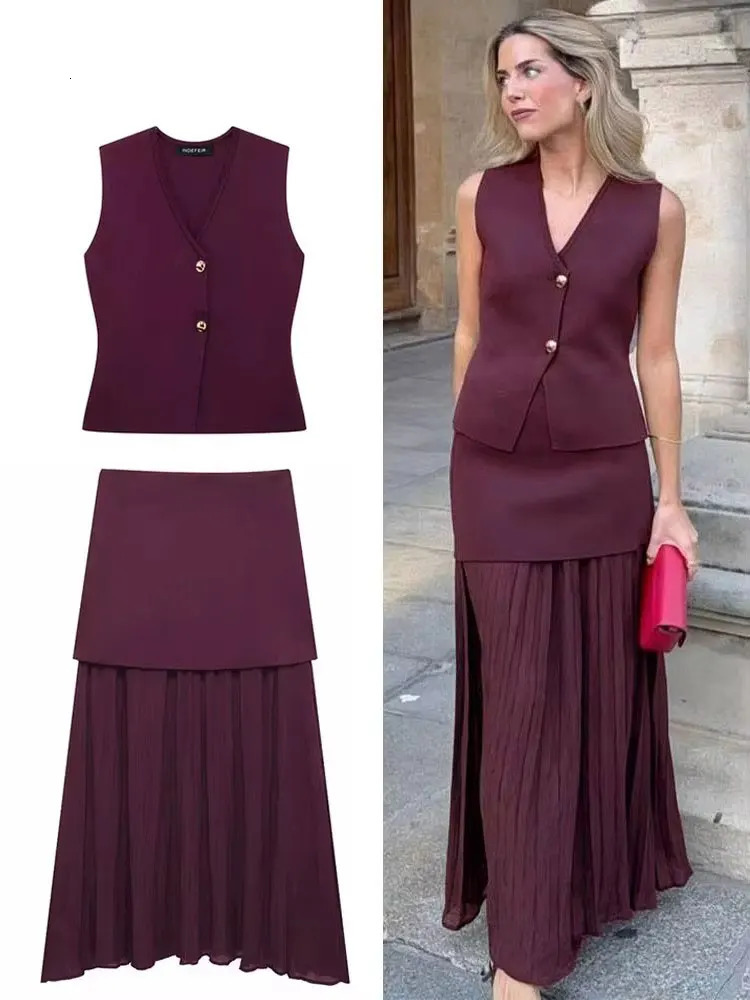 HH Women 2 Piece Set VNeck Sleeveless Button Knitted Vest TopElegant Splicing High Waist Zipper Long Skirts Holiday Suits 251020