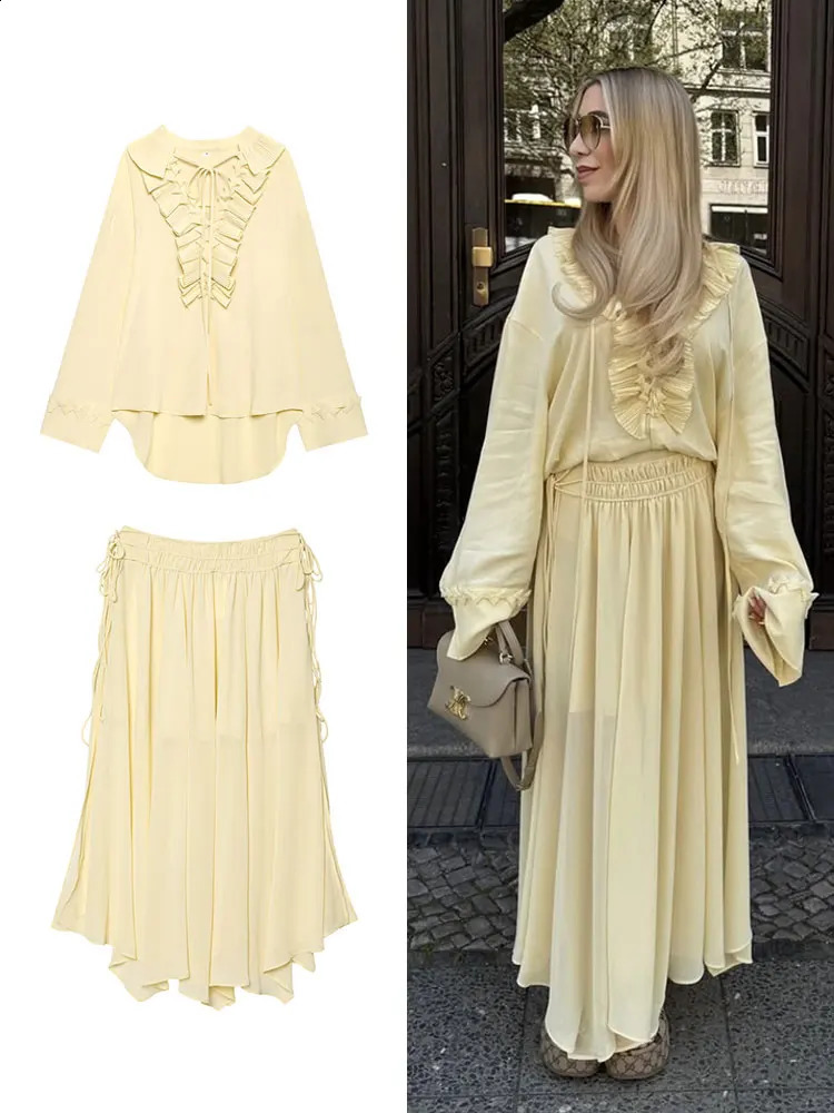 HH Women Elegant Yellow Ruffles Laceup Blouse Skirts Sets Long Sleeve V Neck Shirt Pleated Midi Skirt Outfits 251022