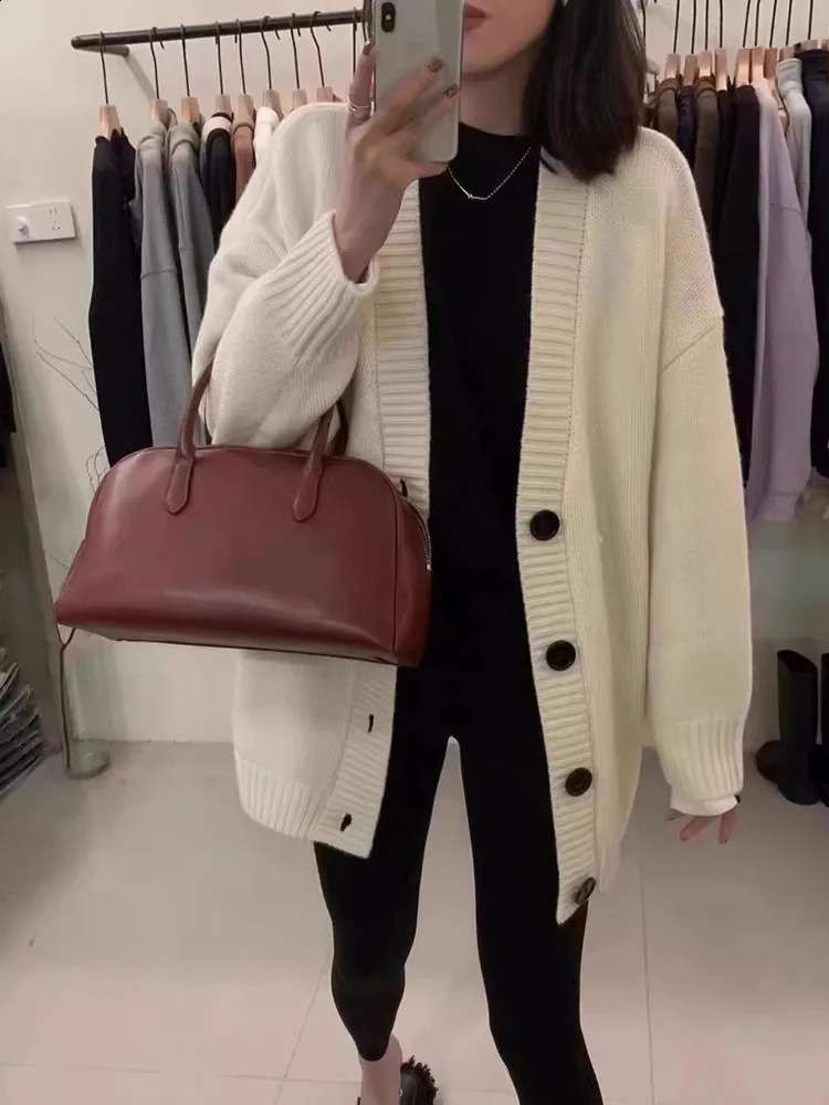 Autumn Winter High Quality Premium Knit Cardigan Womens 100Wool Cashmere Medium length Sweater Vneck Loose Coat Jacket Female 251013
