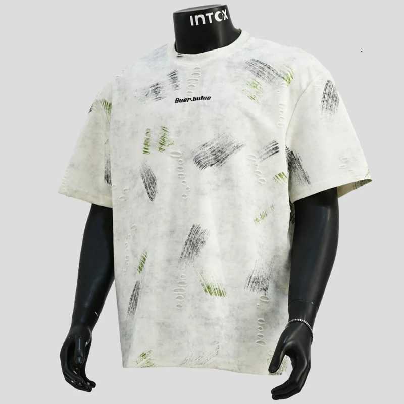 Broken hole short sleeved Tshirt mens 2025 summer fashion trend brand highend retro cool graffiti casual topXJ251023