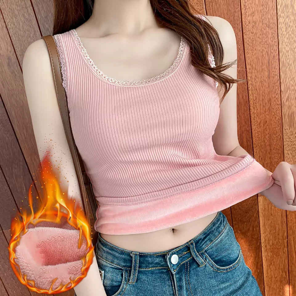 Plus Size Winter Velvet Camisole Women Slim Thermal Underwear Fleece Lined Camis Keep Warm Lace Trim Tank Top Vest 251023