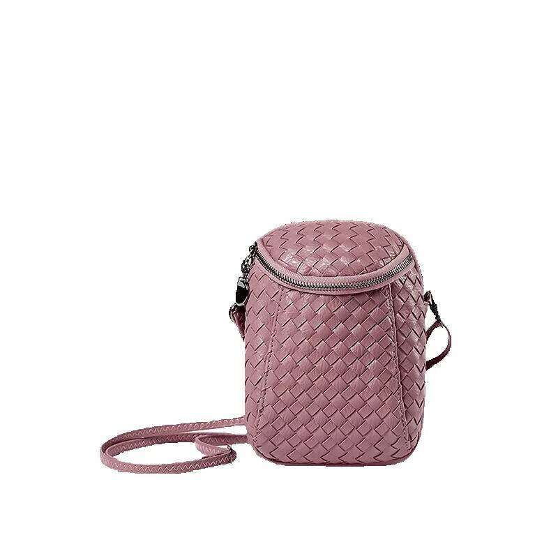 Women's New Korean Version Quilted Single Shoulder Crossbody Mini Handwoven Phone Bag Coin Purse Cowhide Woven Bag