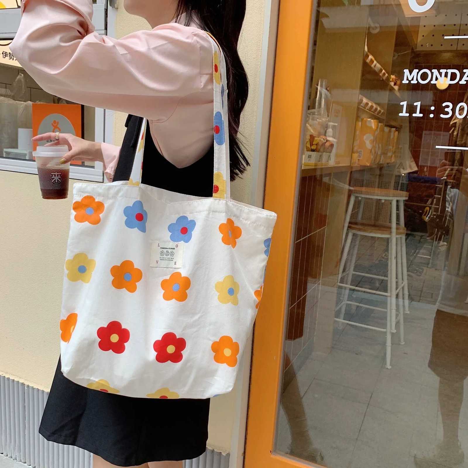 Floral Canvas Tote Bag for Women Large Capacity Printed Shoulder Bag Shopping Bag Female Fashion Casual Open HandbagL251023