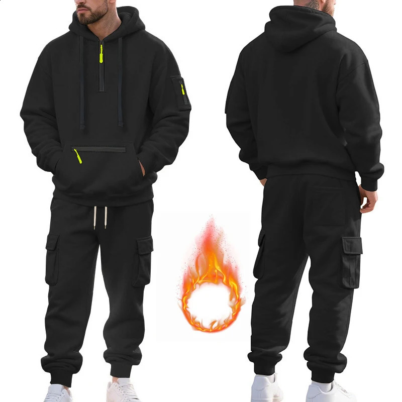 Mens Winter 2 Piece Set Fleece Hoodie and Cargo Joggers Outfit for Cold Weather Workout Streetwear 251023