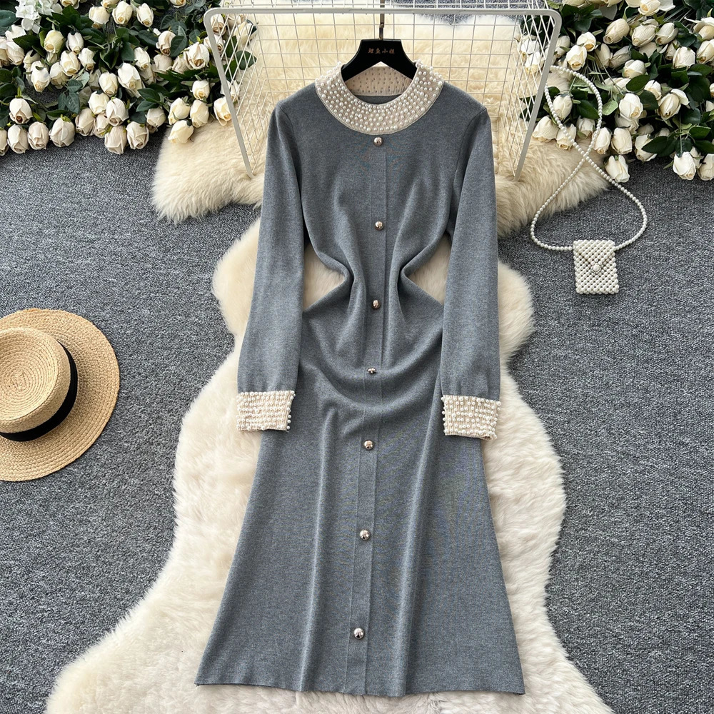 YuooMuoo Fashion Autumn Winter Women Knitted Long Dress y Pearls Oneck Aline Sweater Office Lady Vestido 251022