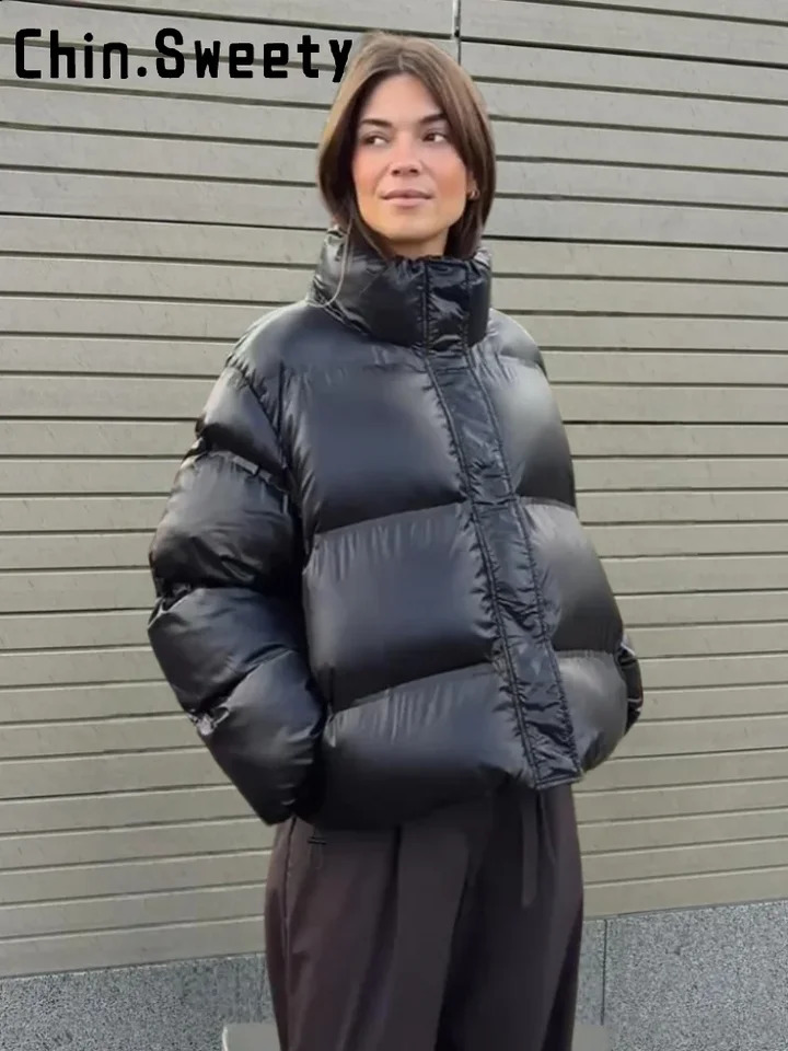 Fashion Solid Quilted Cotton Jacket Women Loose Stand Collar Zipper Street Warm Coat Autumn Winter Lady Chic Outwear 251021