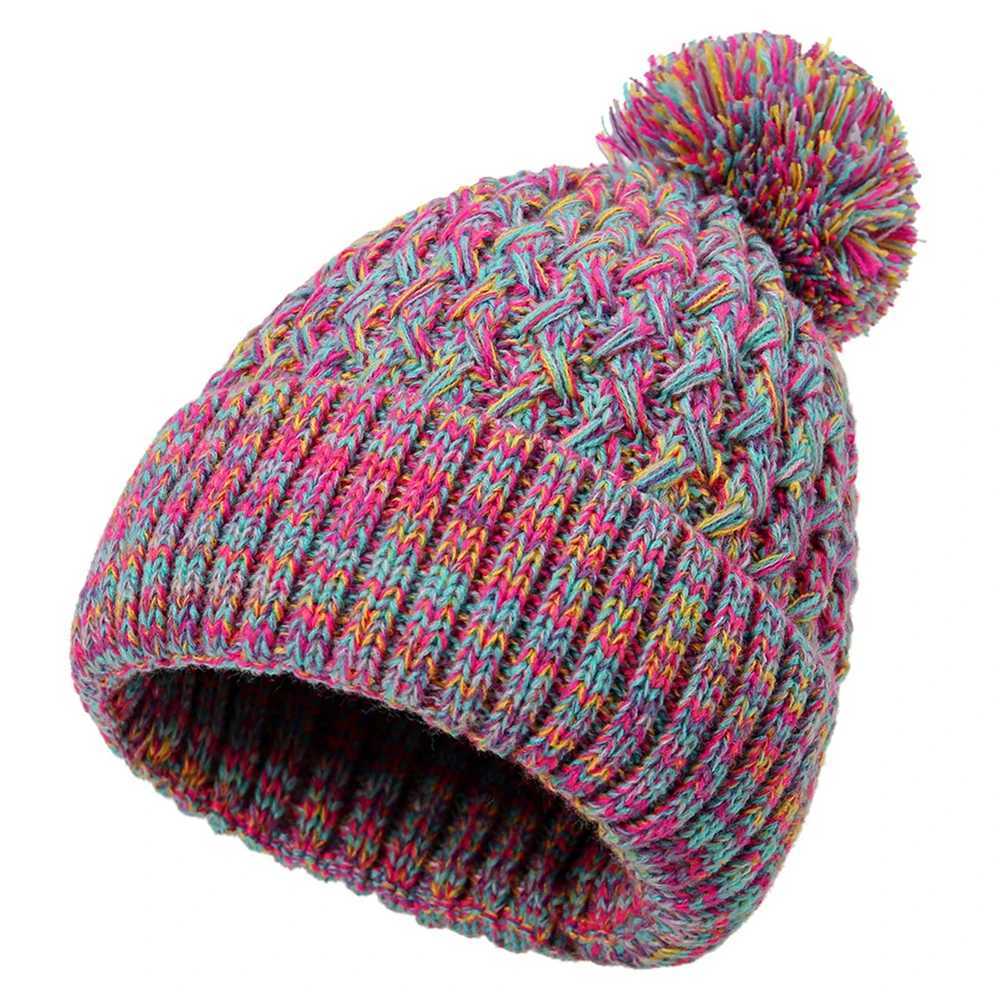 Ladies Single Layer Knitted Hat with Colorful Ball Pom Winter Head Warmth Pineapple Patterned Cap Beanie with pompomXJ251023