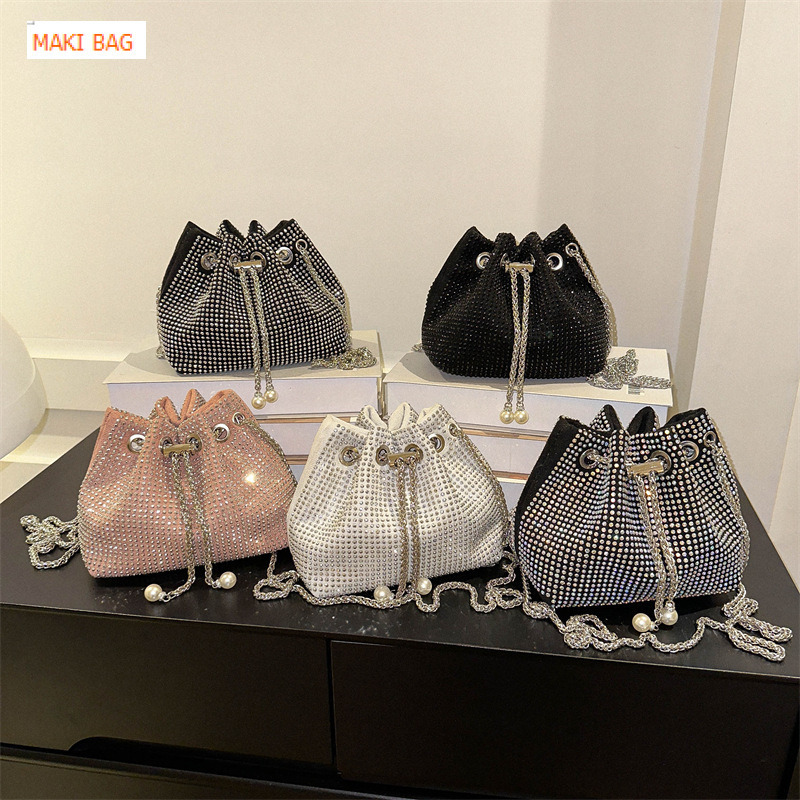 Diamond nail pull rope women's bucket shaped bag, shiny diamond rhinestone full diamond bag, hot selling high-end chain crossbody bag, designer b