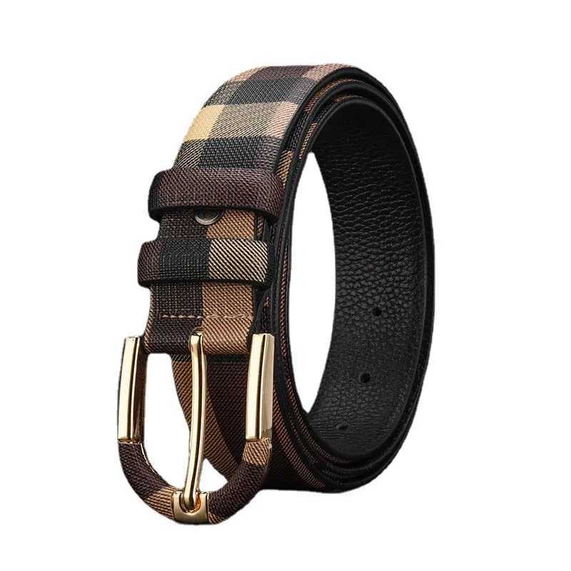 Mens button leather belt with top layer cowhide plaid fashionable trend high sense of fashionXJ251023