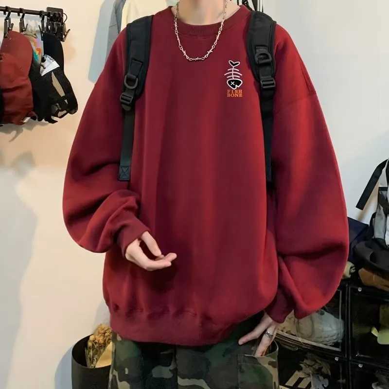 M8XL Autumn Men Oversized Sweatshirts Fashion Loose Simple Graffiti Fishbones Print Long Sleeve Plus Velvet Couple ClothesT251023