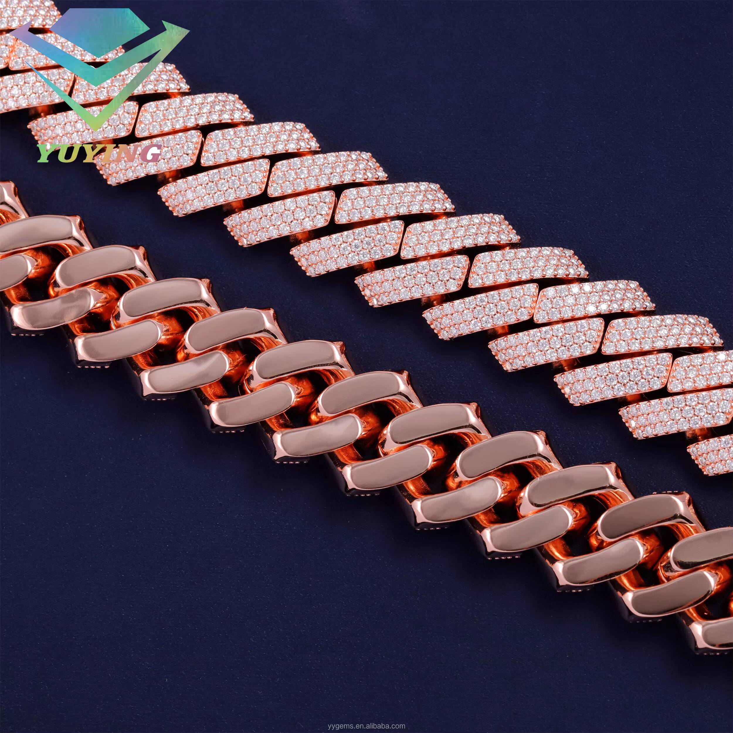 20mm Rose Gold 3rows Cuban Chain S925 Silver Gold Plated Cuban Chain Iced Out Moissanite Hip Hop Link Chains