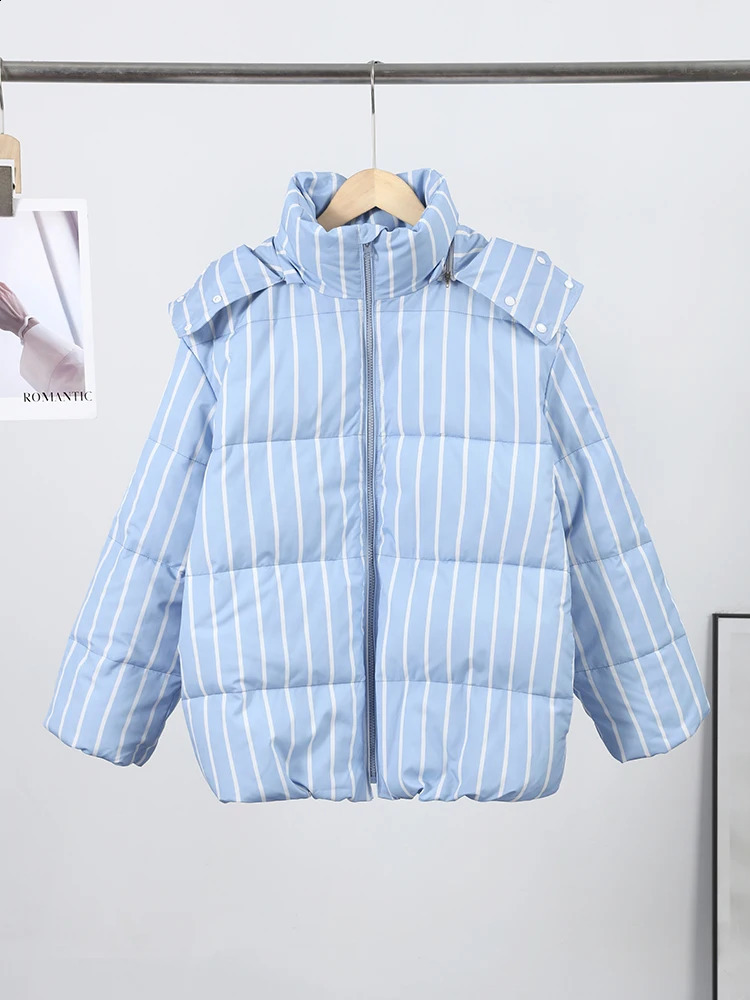 Winter Women Striped Hooded Cotton Jacket Long Sleeve Stand Zipper Buttons Thickening Padded Jackets Casual Office Lady Coat 251021