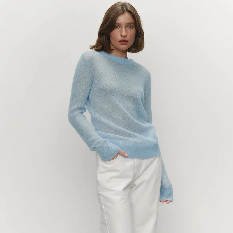 Tornova Mohair Knit Sweater Womens Long Sleeves ONeck Pullover Sweater Lady Loose See Through Top Solid Casual Summer Fashion 251023