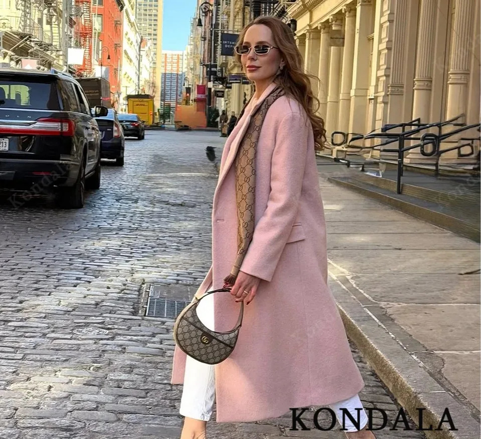 KONDALA Women Fall Elegant Long Coat Blended Lapel Buttons Lined Coat Fashion Autumn Winter High Street Commute Lady Coat 251020