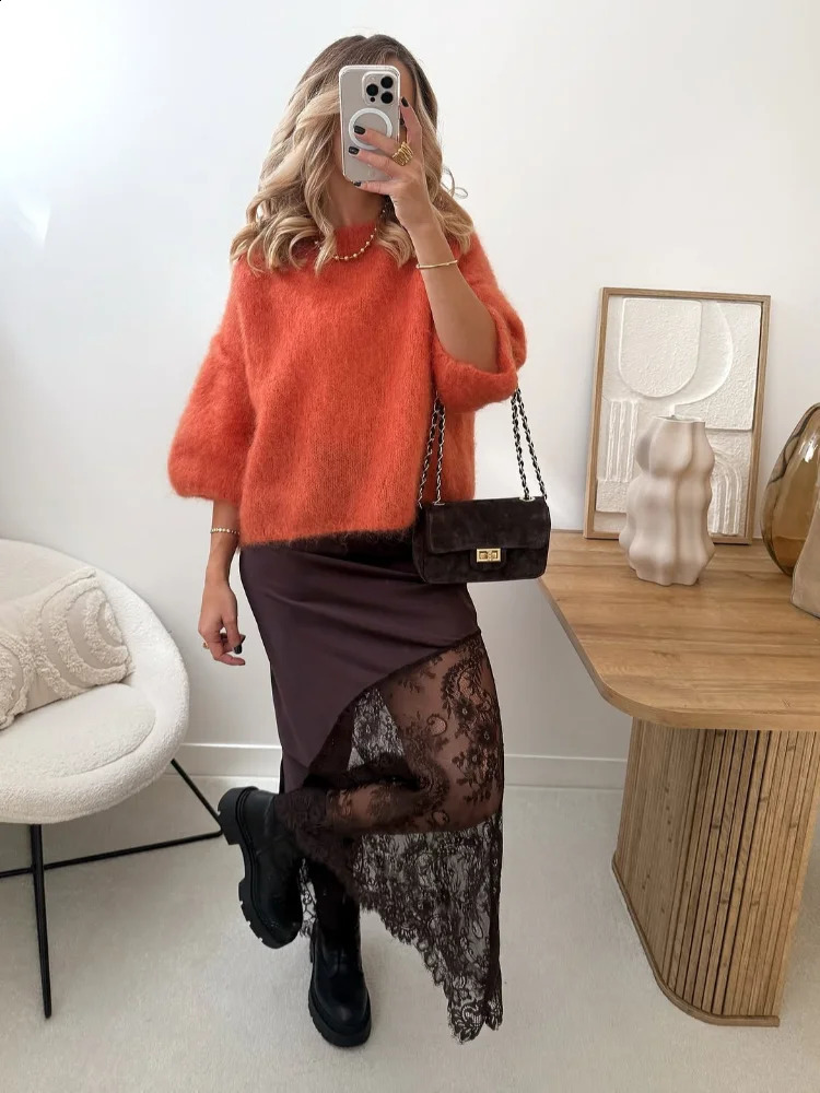 Women Patchwork Lace Skirts High Waist Slim Hollow Out Maxi Autumn Winter Brown Fashion Party Club Boho Skirt 251022
