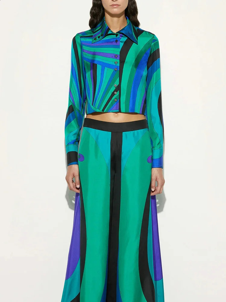 Autumn Loose Commute Outfits Elegant Crop Top Casual Two Piece Fashion Contrast Color Long Sleeve ShirtsWide Leg Pants Sets 251022