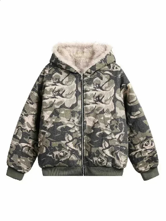 Autumn Winter Retro Y2K Army Green Rose Camouflage Plus Velvet Hoodie Women Floral Zipper Jacket Faux Fur Trim Street 251022