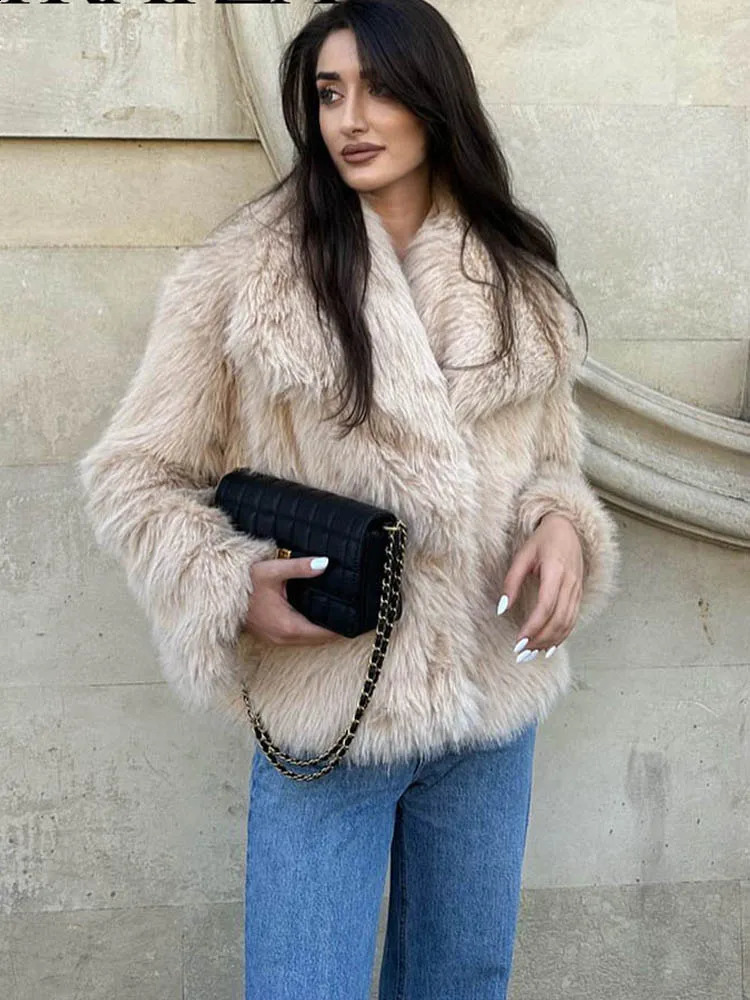 HH Women Fashion Cropped Faux Fur Jacket Coat Long Sleeve Front Snapbutton Female Outerwear Chic Lapel Collar Thick 251022