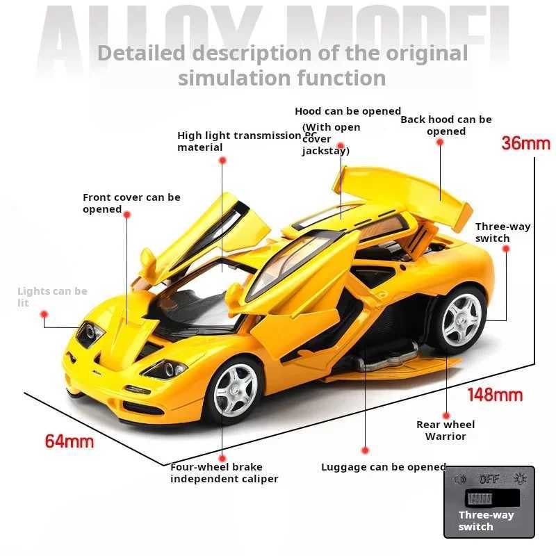 132 McLaren F1 XP4 XP5 1933 Supercar Alloy Metal Diecast Model Car Sound And Light Pull Back Childrens Toys Car Holiday GiftsT251023