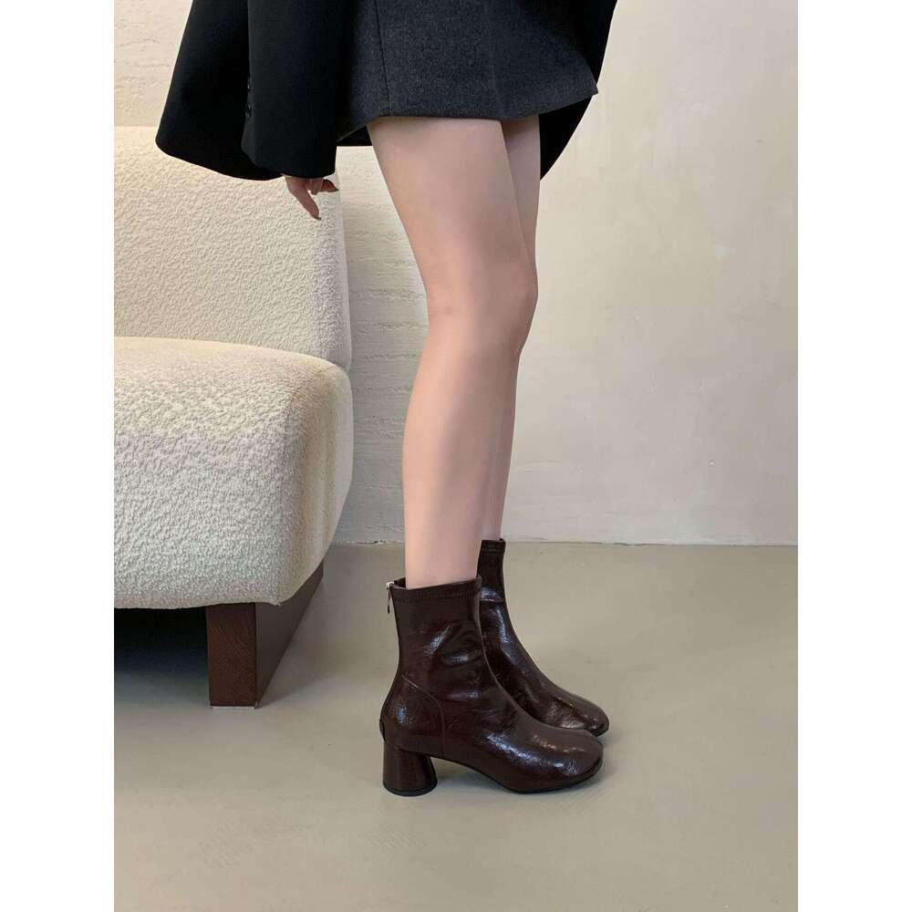 Explosive Pattern Round Toe Chunky Heel Slim for Women 2025 Autumn Winter Korean Designer Shoe Style Versatile Commuter Ankle Boots