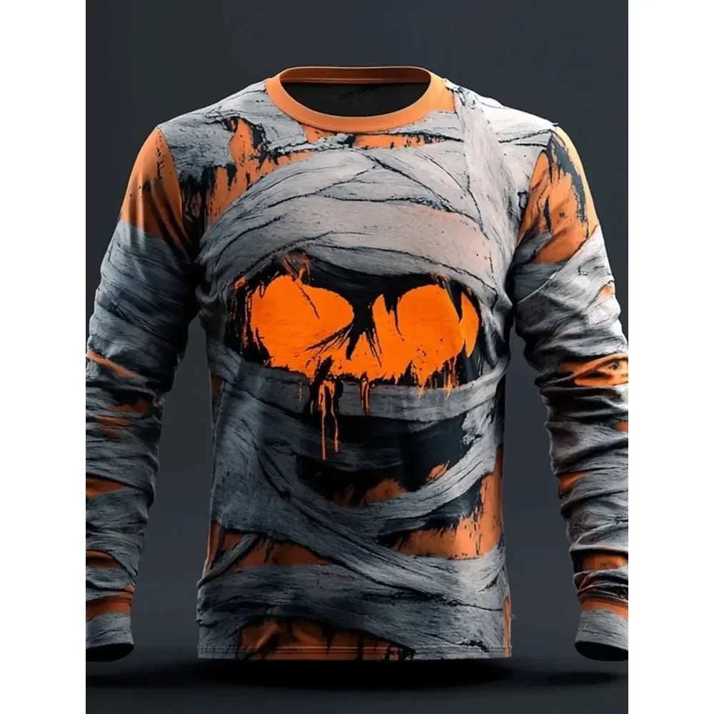 Cool Skulls Horror Mummy 3D Print T Shirt Tee Street Casual Halloween Long Sleeve Crew Neck Shirt Fall Mens Clothing TShirtsXJ251023