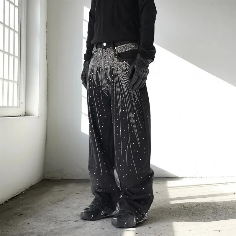 Autumn Winter High Street Denim Pants Mens Retro Full Diamond Stamping Hiphop Loose Straight Leg Wide Streetwear Jeans 251018