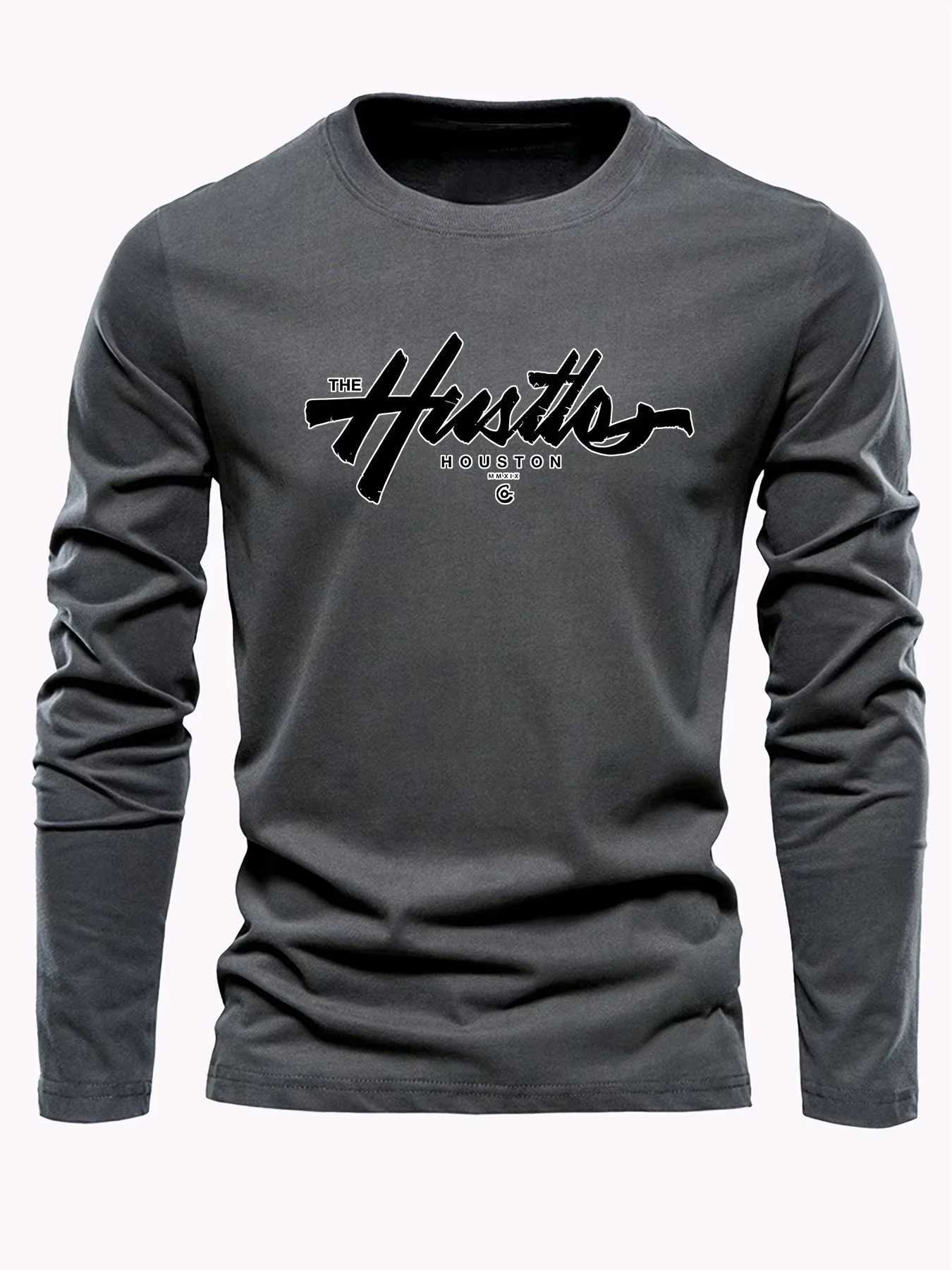 2025 Mens Spring and Autumn 100 Cotton Comfortable Casual Houston Letter Pattern Printed Round Neck Long Sleeve Tshirt TopXJ251023