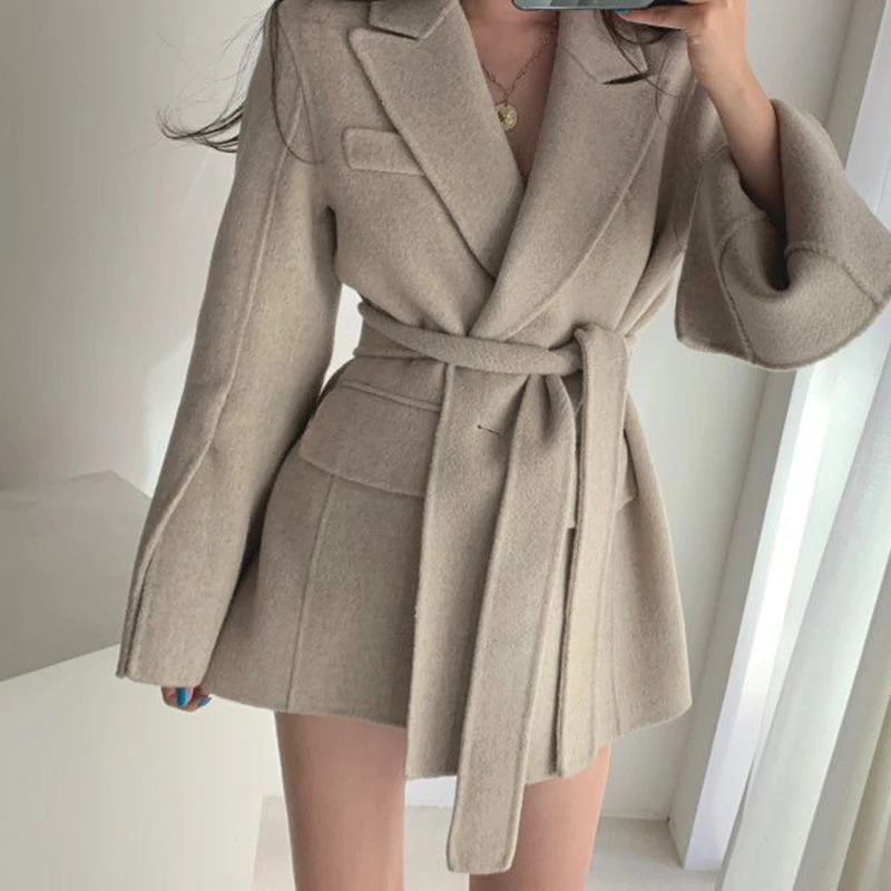 Retro Chic Autumn Winter Woolen Coat One Button Long Sve Suit Collar Waist Cinched Side Slit Warm Knitwear for Women 251020