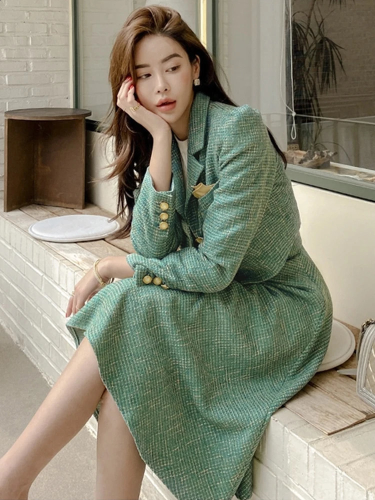 Fashion Office Lady Outfit Vintage Bule Long Sleeve Short Blazer Women Coat Suit Jacket Zipper Midi Skirt Business 2 Piece Sets 251022