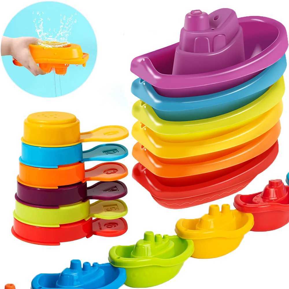 Baby Bath Toys Stacking Boat Spoons Toys Early Education Intelligence Gift Rainbow Color Stacked Cup Folding Tower Baby Toy J251023
