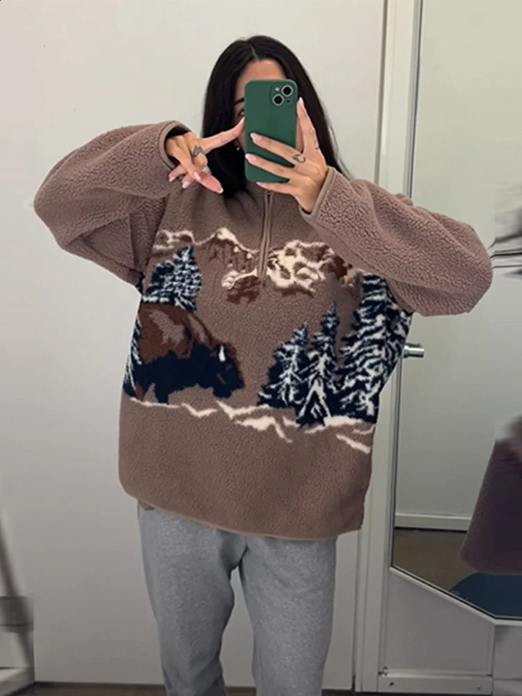 2026 Spring Autumn Hiking Printed Lamb Fleece Sweatshirt For Women High Neck Long Sleeve Zipper Pullovers Lady Outdoor Outerwear 251022