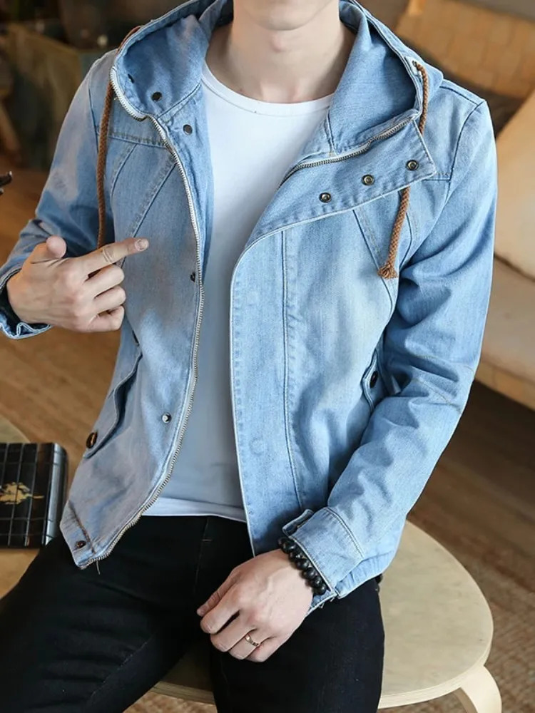 Spring Autumn Japanese Retro Mens Hooded Denim Jacket Slim Fit Zipper Casual Outerwear Male Long Sleeve Streetwear Coats 251017