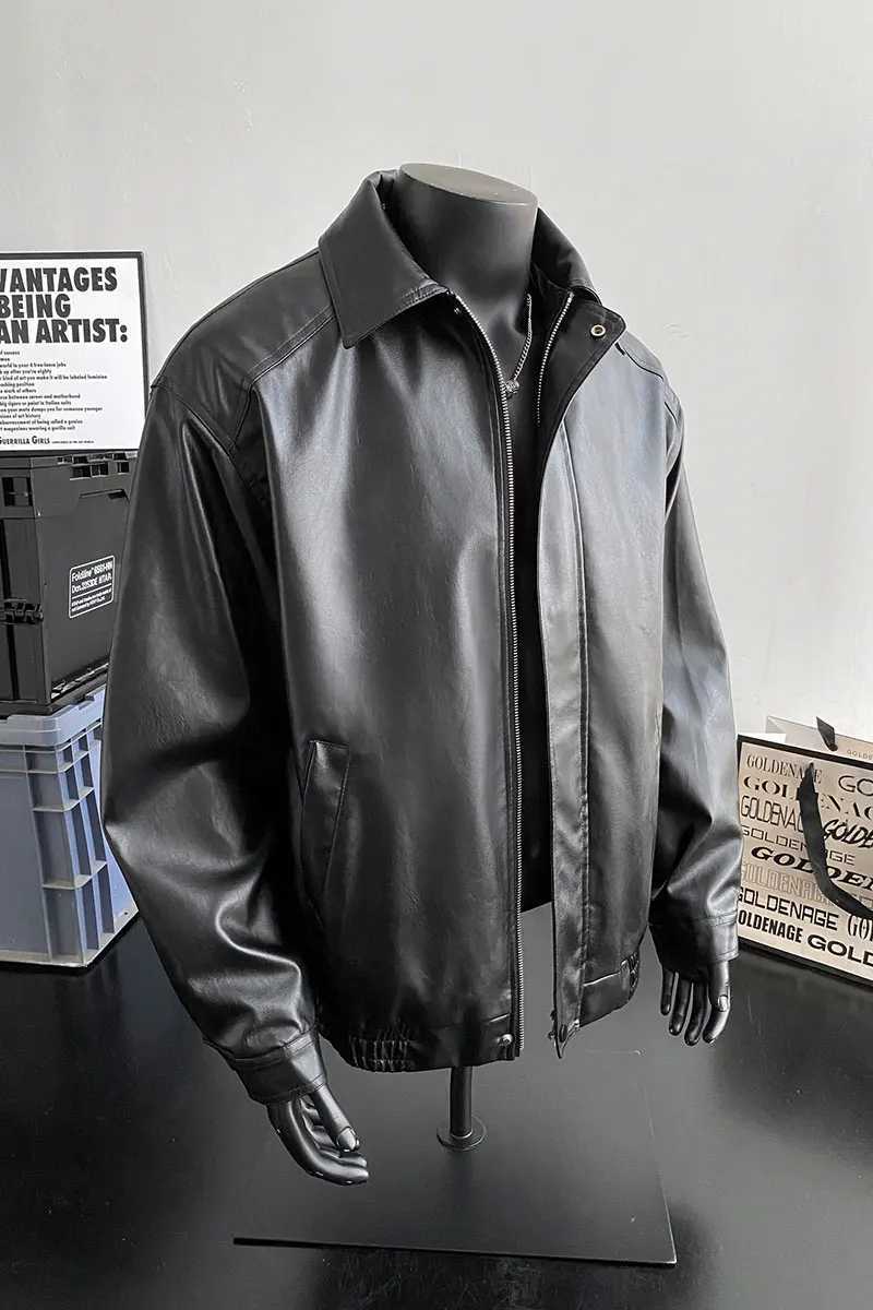 Trend Mens Faux Leather Jacket Fashionable Solid Color PU Leather American Retro Motorcycle Jacket Mature Casual Style Coat W251023