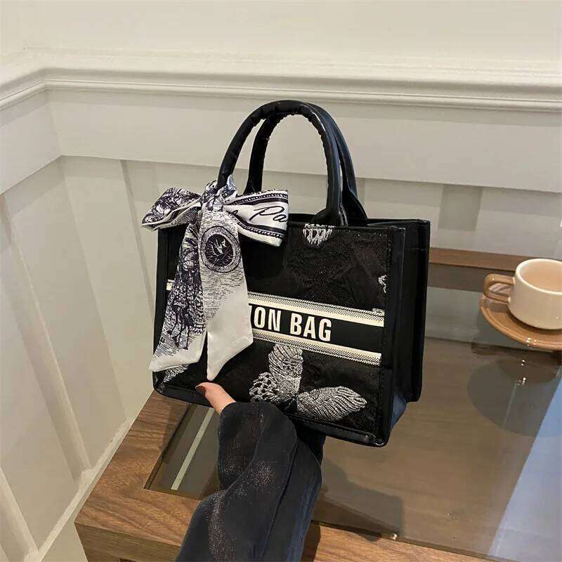 Chic Embroidered Letter Handbag Women Casual Fashionable Versatile Silk Scarf Bow Handbags Shoulder Bag. Everyday Tote Bag Purse