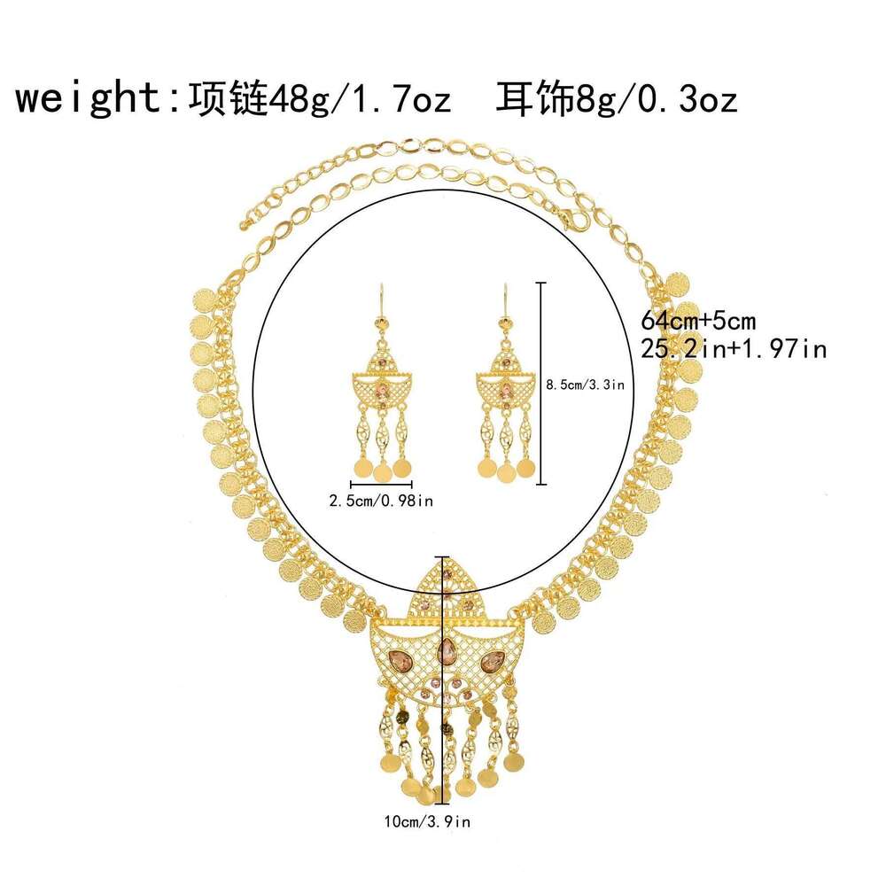 Arab Ethnic Golden Coins Crystal Geometric Moon Pendant Necklace Earrings For Women Vintage Afghan Kurdish Statement Jewelry Set
