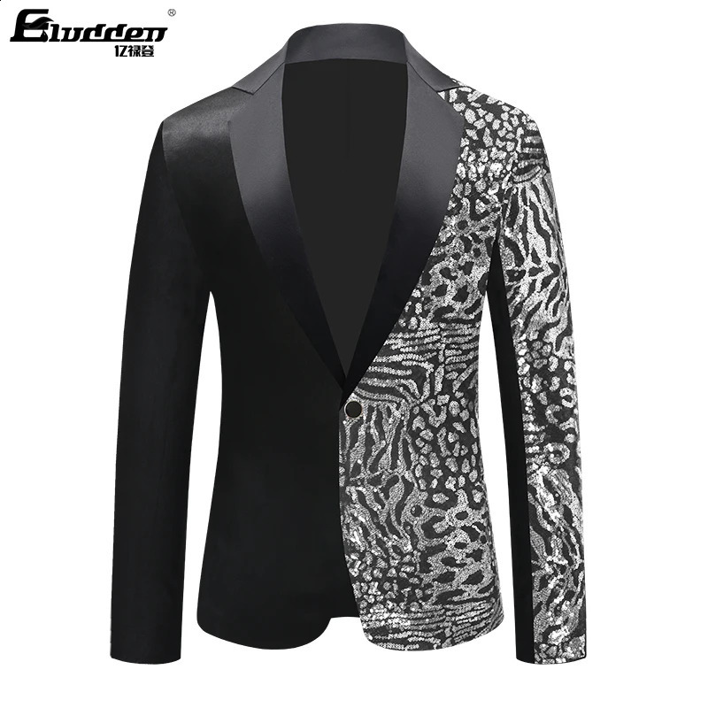 Single Breasted Leopard Sequins Stage Suit Jacket Men Party Hip Hop Fashion Drama costume Blazer Mens Floral 251023