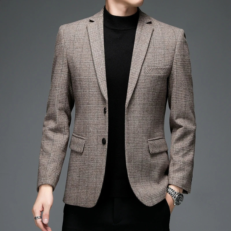 Autumn Winter Men Plaid Wool Blazer Smart Casual Gray Camel Navy Blue Checked Pattern Woolen Blend Jacket Suit Elegant Outfits 251023