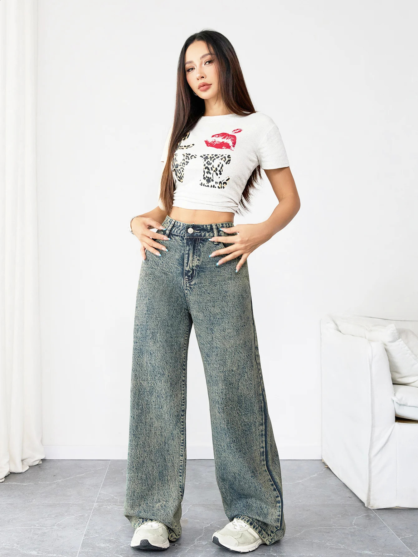 Loose Fit Wide Leg Denim Jeans for Women High Waist Casual Streetwear Vintage Style Comfortable Everyday Pants 251023