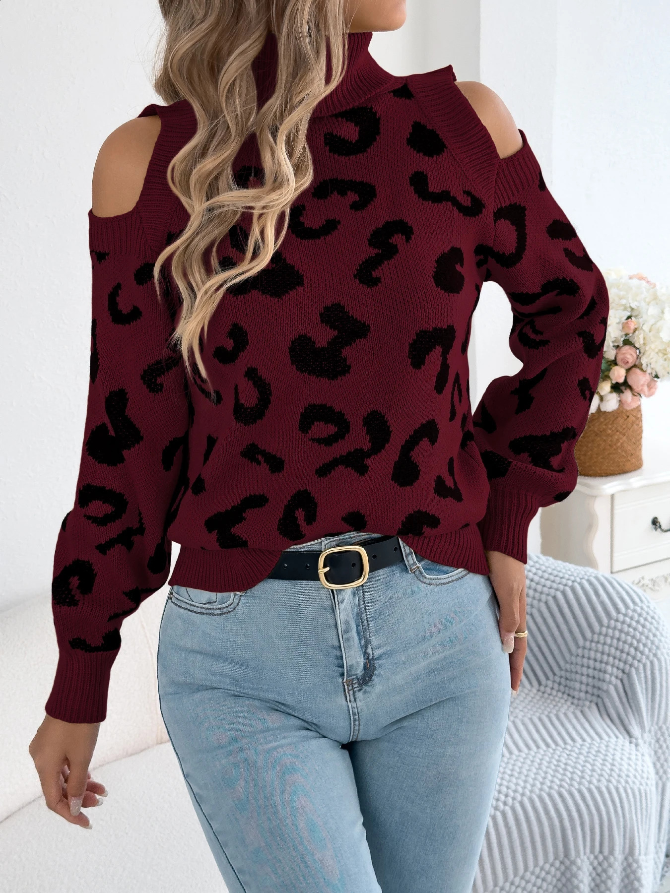 Womens Off Shoulder Leopard Print Tops Casual Turtleneck Lantern Long Sleeve Knitted Sweaters for Autumn Winter Khaki Rose 251023