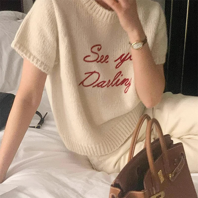 Sueter Mujer Round Neck Contrast Loose Casual Short Sleeved Letter Knitted Sweater Y2k Top Grunge Pullover Jumper 251023