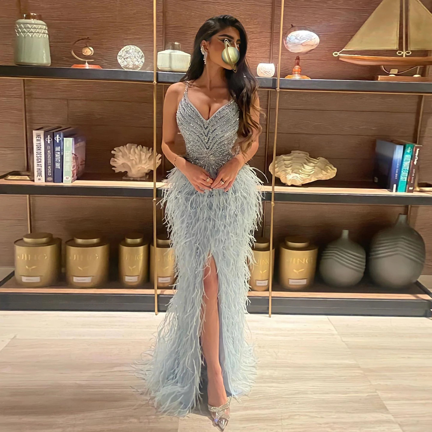 Sharon Said Beaded Blue Feather Prom Dress Sexy Spaghetti Straps Backless Rose Pink Evening Dress Arabic SS004 Customized 251020