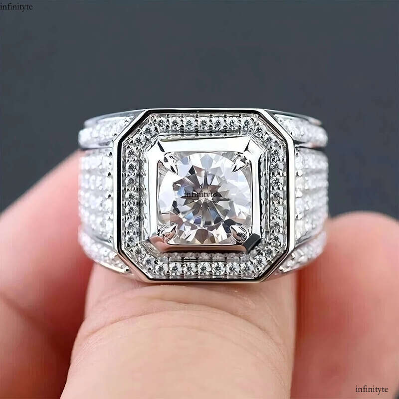 FOXI Full Dia 2.5Ct Round Cut Real Mens Wedding Sterling Sier White Gold Plated Moissanite Pinky Ring 111